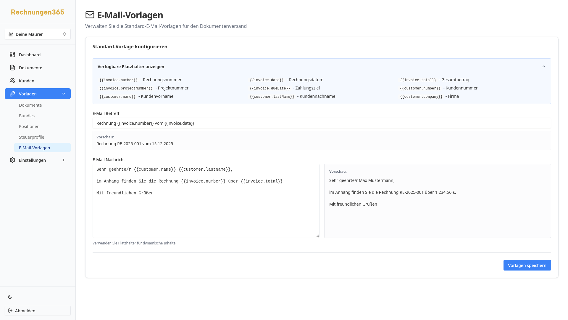 E-Mail-Vorlagen-Editor mit Platzhaltern